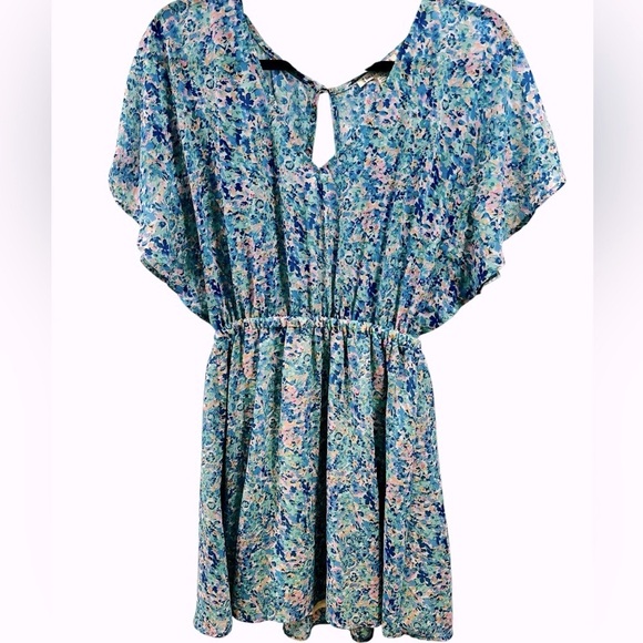 Lucca Couture XS Blue Floral Mini Dress Flutter Sleeves Keyhole Back - Picture 1 of 7